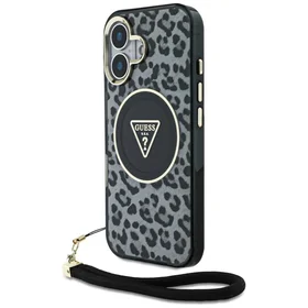 Guess HC IML leoparda trīsstūra auklas siksna MagSafe apvalks iPhone 16 - melns