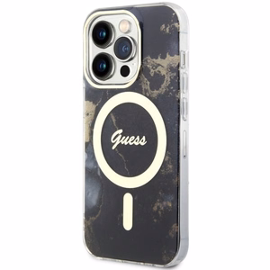 Guess GUHMP14LHTMRSK iPhone 14 Pro 6.1" melns/melns cietais apvalks Zelta Marmors MagSafe