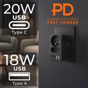Maclean MCE249 F/B – elektrības kontaktligzdu sadalītājs, 2 kontaktligzdas, 4 USB porti: 2×USB-A un 2×USB-C PD 20 W, 1×16 A + 1×6 A