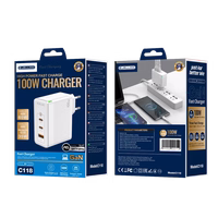 JELLICO sienas lādētājs C118 GaN PD 100W 2xUSB-C + 1xUSB QC3.0 + kabelis USB-C - Lightning Balts
