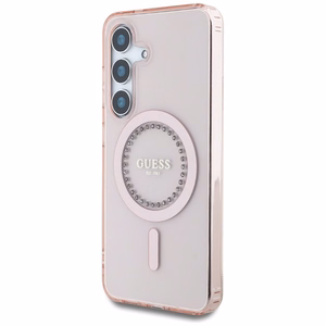 Guess Kristāli Drukāts Klasiskais Logotips Magnētiskais Samsung Galaxy S25 Viedtālruņa apvalks rozā