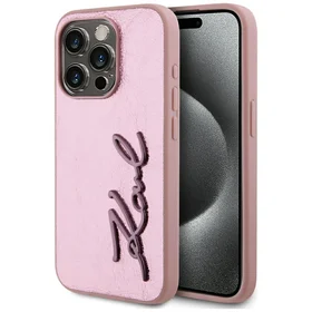 Karl Lagerfeld Wrinkled Metal Signature viedtālruņa apvalks iPhone 15 Pro Max - rozā