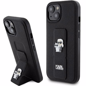 Karl Lagerfeld Gripstand Saffiano Karl&Choupette Pins apvalks viedtālrunim iPhone 15 Plus / 14 Plus - melns