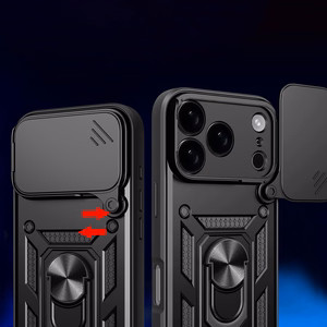 Hibrīda bruņu Camshield viedtālruņa apvalks iPhone 17 Pro ar statīvu un kameras vāciņu - melns