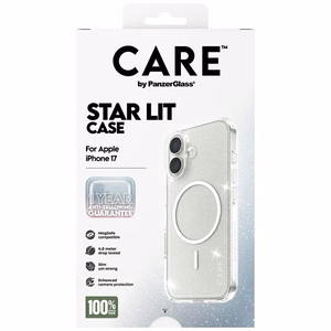 CARE by PanzerGlass Flagship Urban Explorer viedtālruņa apvalks ar baltu magnētisko MagSafe, paredzēts iPhone 17 – caurspīdīgs ar spīdumiem