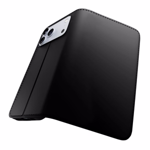 Puro viedtālruņa apvalks ar statīvu iPhone 17 Pro Max izgatavots no eko-ādas, ar atloku, maku un statīva funkciju - melns