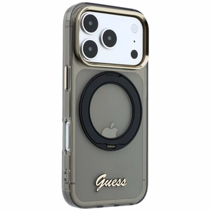Guess IML Ring Stand 360 Script Metal Logo MagSafe maciņš modelim iPhone 17 Pro / 18 Pro – melns