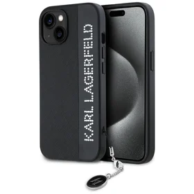 Karl Lagerfeld Saffiano Rhinestones & Charm viedtālruņa apvalks iPhone 15 / 14 / 13 - melns