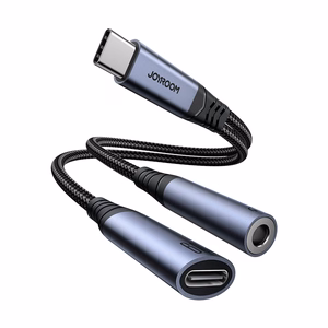 2‑in‑1 audio adapteris Joyroom SY-C02 Type-C uz 3.5mm + Type-C (melns)