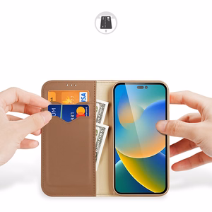 Dux Ducis Hivo ādas atverams vāciņš īstas ādas maks kartēm un dokumentiem iPhone 14 Pro Max brūna