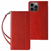 Magnētiskais siksniņas viedtālruņa apvalks iPhone 14 Pro ar atveramu vāciņu, maku, mini siksniņu un statīvu, sarkans