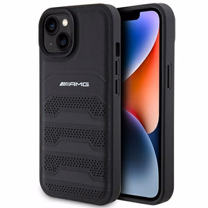 AMG ādas apvalks ar iespiestām līnijām iPhone 15 Plus - melns
