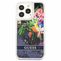 Guess GUHCP13LLFLSB iPhone 13 Pro / 13 6.1" zils cietais apvalks ziedu šķidrs spīdums