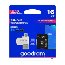 GoodRam atmiņas karte 16GB microSDHC cl. 10 UHS-I + adapteris + karšu lasītājs