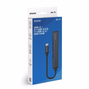 SAVIO AK-71 USB-C sadalītājs - 3 x USB-A 2.0, 1 x USB-A 3.0, 4-in-1, 5 Gbps