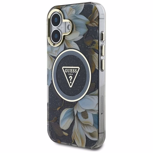 Guess Glitter Flowers Triangle Buttons Magnētiskais viedtālruņa apvalks iPhone 16 - melns