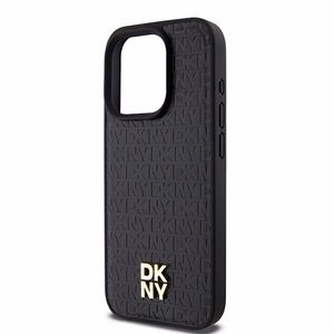 DKNY Ādas monogrammas raksta metāla logotips Magnētiskais viedtālruņa apvalks iPhone 15 Pro - melna