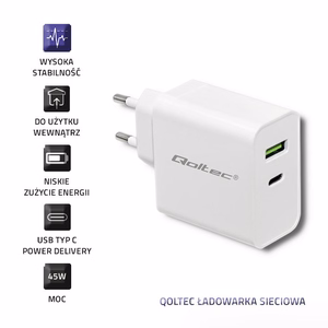 Qoltec 51718 lādētājs 45 W, USB-C PD, USB, balts
