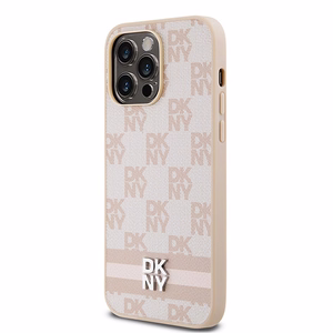 DKNY Ādas rūtainais mono raksts un drukātās svītras viedtālruņa apvalks iPhone 14 Pro Max - rozā