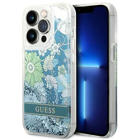 Guess GUHCP14LLFLSN iPhone 14 Pro 6.1 zaļš / zaļš kietais viedtālruņa apvalks Flower Liquid Glitter
