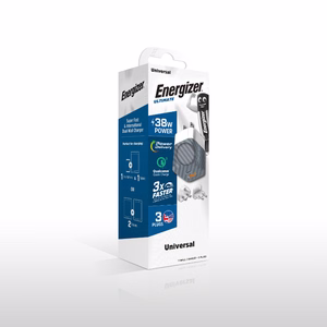 Energizer Ultimate A38QMU GaN ceļojumu sienas lādētājs ar EU / UK / US spraudņiem, USB-C + USB-A, 38 W PD + QC 3,0, sudraba krāsā