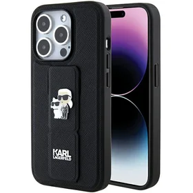 Karl Lagerfeld Gripstand Saffiano Karl&Choupette Pins viedtālruņa apvalks iPhone 15 Pro Max - melns