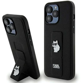 Karl Lagerfeld Gripstand Saffiano Choupette Pins viedtālruņa apvalks iPhone 13 Pro Max - melns