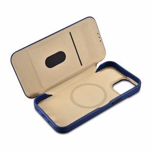 iCarer CE Premium ādas folio viedtālruņa apvalks iPhone 14 Plus magnētiskais atveramais ādas folio apvalks MagSafe zila
