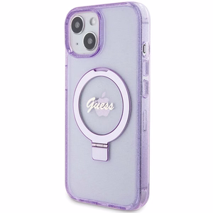 Guess viedtālruņa apvalks ar statīvu Ring Stand Script Glitter magnētiskais iPhone 15 Plus / 14 Plus - violets