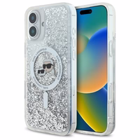 Karl Lagerfeld Liquid Glitter Karl & Choupette Head Magnētiskais iPhone 16 Plus viedtālruņa apvalks - caurspīdīgs