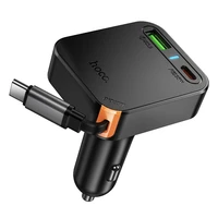 Automobiļa lādētājs Hoco ar ievilkamu kabeli 2 x USB C + USB A QC PD 65W NZ18 melns