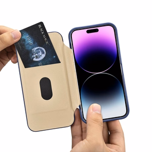 iCarer CE Premium ādas folio vāciņš iPhone 14 Pro ar MagSafe magnētisku flip vāciņu - zilā krāsā