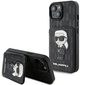 Karl Lagerfeld Saffiano Cardslots and Stand Monogram Ikonik Patch Viedtālruņa apvalks iPhone 15 - melns