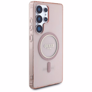 Guess Glitter Circle Classic Logo Magnētiskais viedtālruņa apvalks Samsung Galaxy S25 Ultra rozā