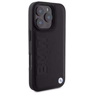 BMW ādas apvalks ar karsto zīmogu iPhone 16 Pro Max - melns
