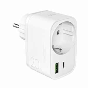 Puro 20W Power Delivery Charger with Schuko Plug and Socket 1x USB-C + 1x USB-A - White