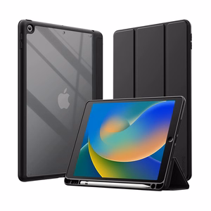 Crong PrimeFolio atverams vāciņš iPad 10.2" (2019–2021) ar statīvu un Apple Pencil turētāju, melns un caurspīdīgs