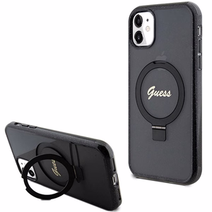 Guess Ring Stand Script Glitter Magnētiskais viedtālruņa apvalks iPhone 11 / Xr - melns