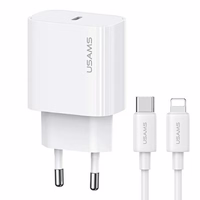 USAMS Tīkla lādētājs 1xUSB-C T65 PD20W PD Fast Charging US-CC226 + kabelis USB-C/Lightning US-SJ712 30W balts Yi Series OYXLTZ02