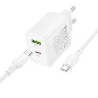 Borofone sienas lādētājs BN30 Cargador GaN - USB + Type C - QC 3.0 PD 45W ar Type C uz Type C kabeli balts