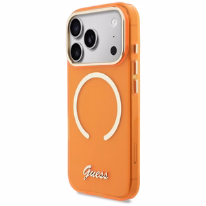Guess IML Script Metal MagSafe Maciņš for iPhone 17 Pro - oranžs
