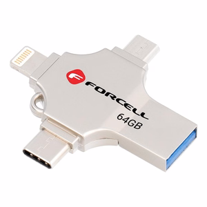 FORCELL F-DATA USB zibatmiņa Metal Quad 64GB USB3.2 Gen 1 (USB A / Type C / Lightning / Micro USB) sudraba