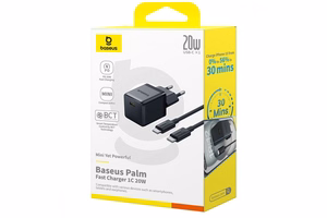 Baseus Palm 1C 20W sienas lādētājs (ar Baseus Mini White USB-C 60W (20V/3A) 1m kabeli) - melns