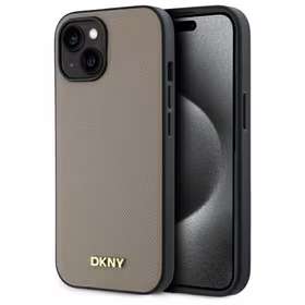 DKNY Grained Metal Logo Magnētiskais iPhone 15 viedtālruņa apvalks - bēšs