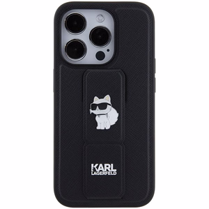 Karl Lagerfeld viedtālruņa apvalks ar statīvu Gripstand Saffiano Choupette Pins iPhone 15 Pro - melns