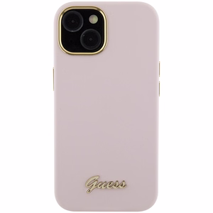 Guess Silikona Script Metal Logo & Frame Viedtālruņa apvalks iPhone 15 - rozā