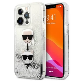 Karl Lagerfeld Šķidrs Glitter Karl&Choupette Galvas viedtālruņa apvalks iPhone 13 Pro Max - sudraba