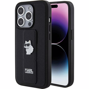 Karl Lagerfeld Gripstand Saffiano Choupette Pins viedtālruņa apvalks iPhone 15 Pro Max - melns