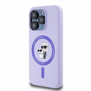 Karl Lagerfeld silikona Karl&Choupette galvu gredzens Magnētiskais viedtālruņa apvalks iPhone 15 Pro - Violets