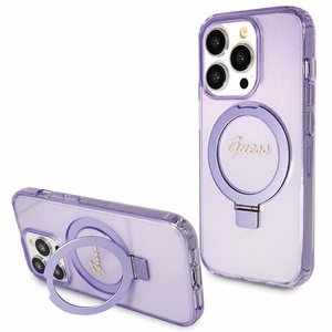 Guess viedtālruņa apvalks ar statīvu Ring Stand Script Glitter magnētiskais iPhone 15 Pro - violets
